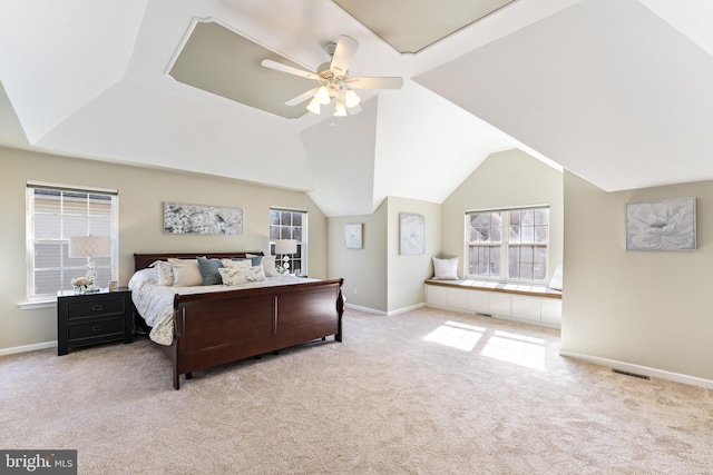 bedroom with lofted ceiling, visible vents, a ceiling fan, carpet flooring, and baseboards