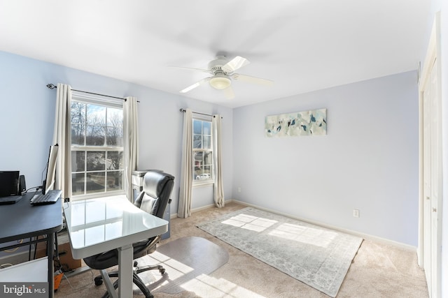 carpeted office with ceiling fan and baseboards