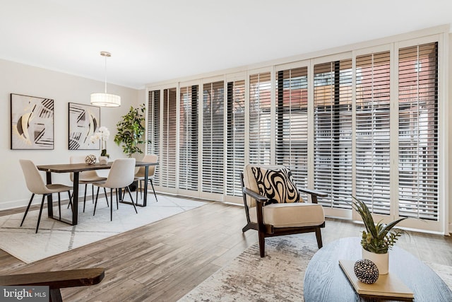 dining space with ornamental molding, floor to ceiling windows, baseboards, and wood finished floors