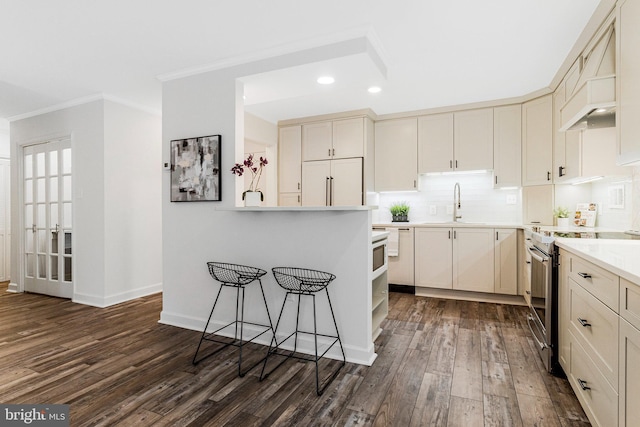 kitchen with electric stove, dark wood-style flooring, light countertops, ornamental molding, and paneled refrigerator