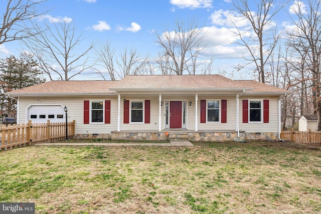 ranch-style house featuring a front lawn, fence, a garage, and crawl space