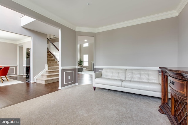 living room featuring carpet, stairs, crown molding, and wood finished floors