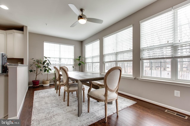 dining room with baseboards, visible vents, ceiling fan, and dark wood-type flooring