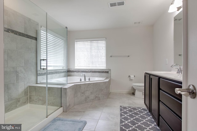 full bathroom featuring visible vents, tiled shower, toilet, vanity, and a bath