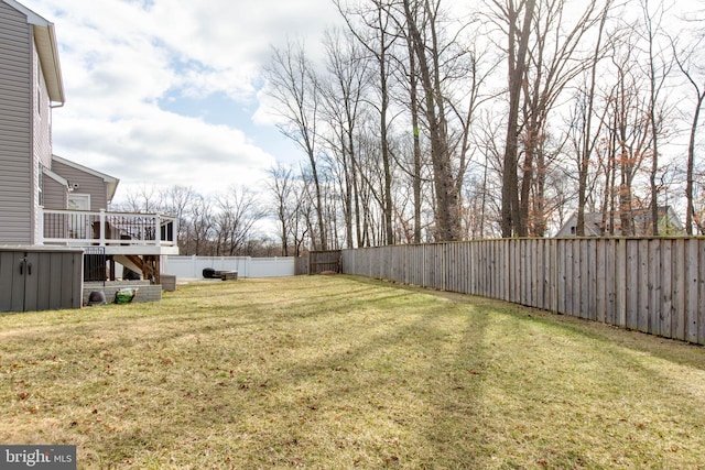 view of yard with a fenced backyard and a wooden deck