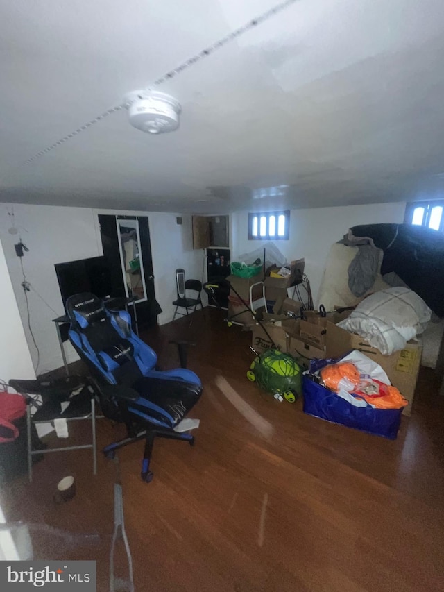 exercise room featuring wood finished floors