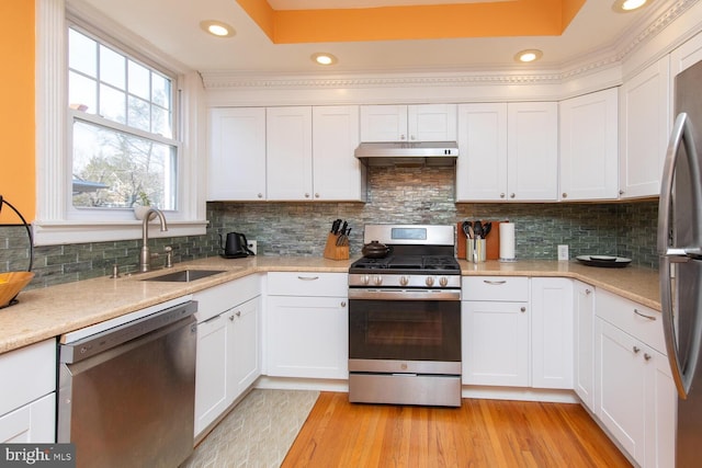 kitchen with a sink, white cabinetry, appliances with stainless steel finishes, and under cabinet range hood