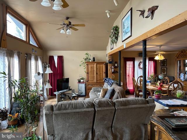 living room featuring ceiling fan and high vaulted ceiling