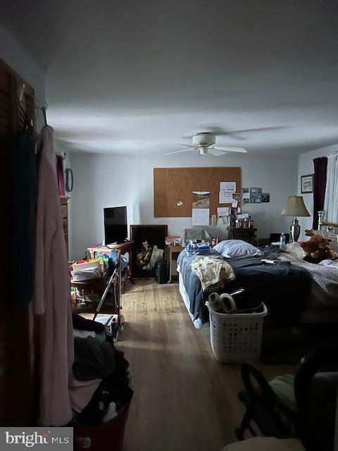 bedroom featuring wood finished floors and a ceiling fan