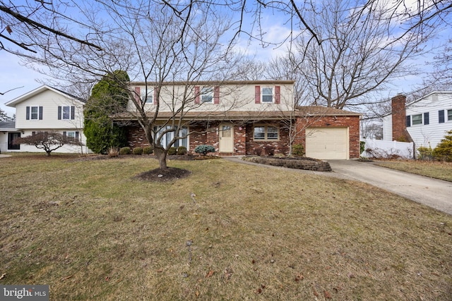 view of front of property featuring an attached garage, concrete driveway, brick siding, and a front yard