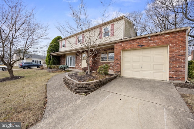 traditional-style home with a garage, concrete driveway, and brick siding