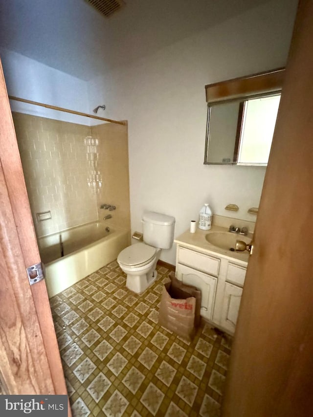 full bath with  shower combination, visible vents, vanity, and toilet