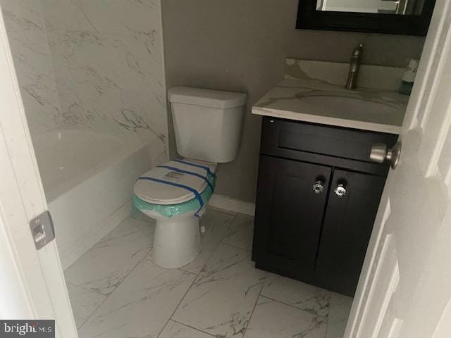 full bath featuring baseboards, marble finish floor, vanity, and toilet