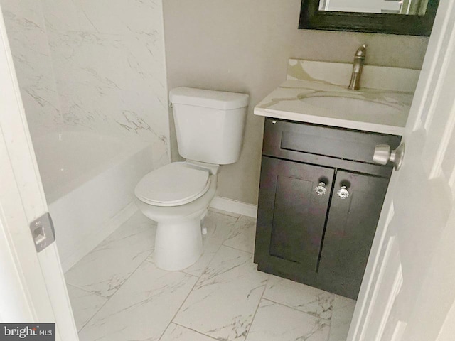 full bathroom with baseboards, toilet, marble finish floor, and vanity