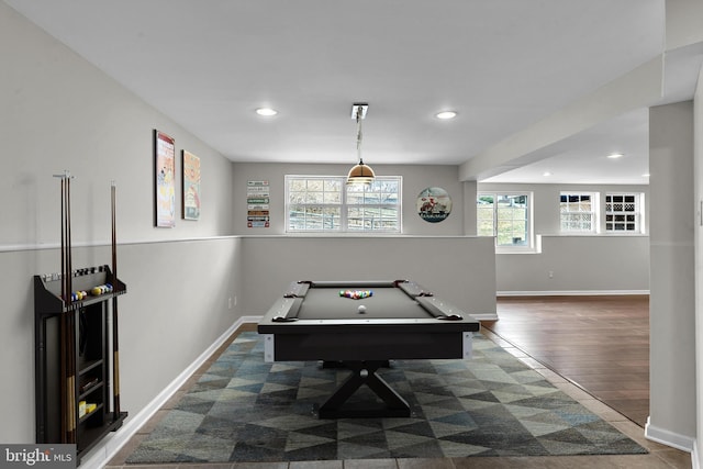 game room with wood finished floors, recessed lighting, and baseboards