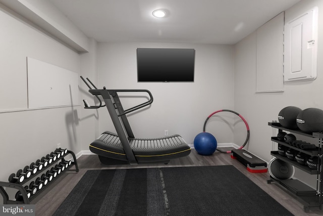 exercise room featuring electric panel, baseboards, and wood finished floors