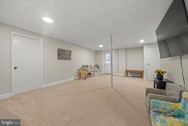 playroom featuring recessed lighting, carpet flooring, a paneled ceiling, and baseboards