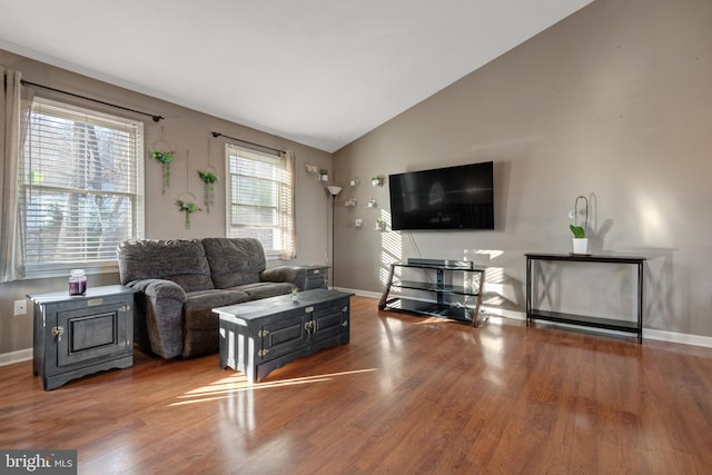 living room featuring vaulted ceiling, wood finished floors, and baseboards