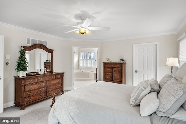 bedroom with light carpet, baseboards, visible vents, and crown molding