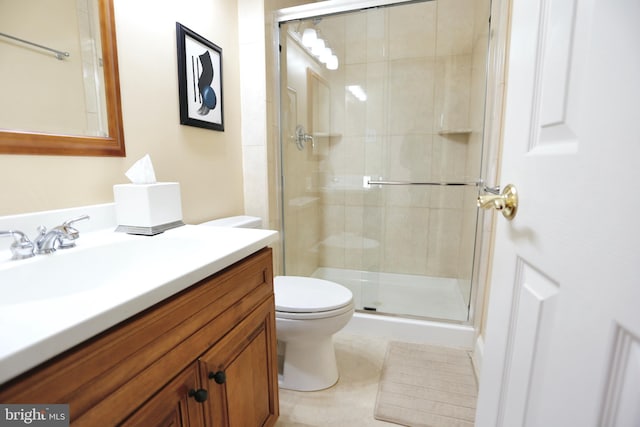 full bath featuring toilet, a shower stall, and vanity