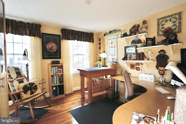 office area with plenty of natural light, wood finished floors, and baseboards