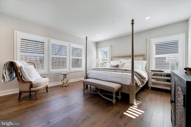 bedroom featuring recessed lighting, dark wood-style flooring, and baseboards