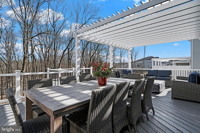 deck featuring an outdoor hangout area, outdoor dining area, and a pergola