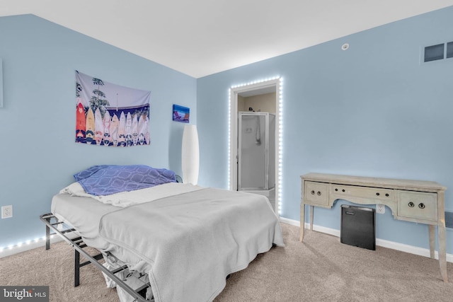 bedroom featuring carpet floors, visible vents, and baseboards