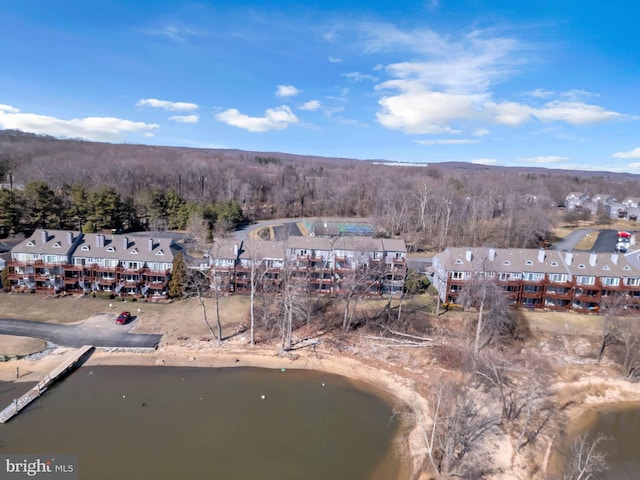 drone / aerial view featuring a water view