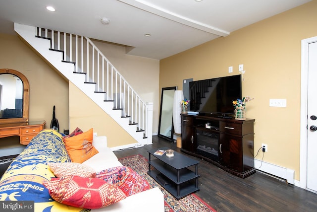 living room featuring recessed lighting, a baseboard heating unit, wood finished floors, baseboards, and stairs