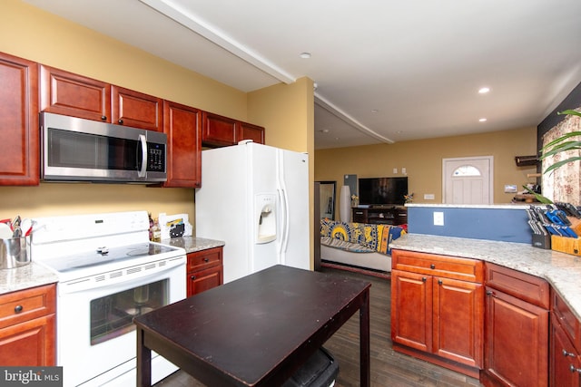 kitchen with white appliances, dark wood-type flooring, light stone counters, and recessed lighting