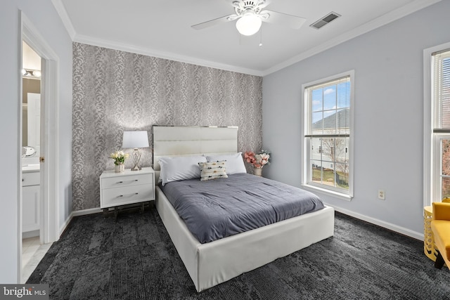 carpeted bedroom with wallpapered walls, baseboards, visible vents, and ornamental molding