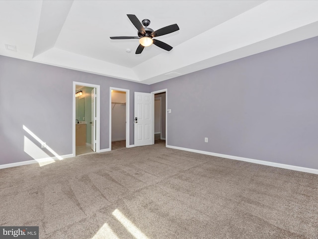 unfurnished bedroom featuring baseboards, a raised ceiling, a spacious closet, and carpet flooring