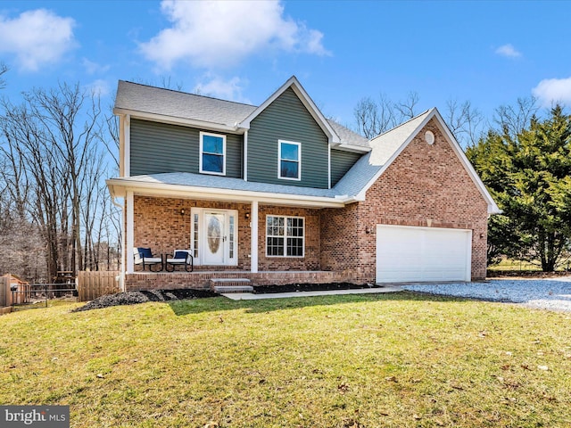 traditional-style house with brick siding, a front lawn, fence, a porch, and a garage