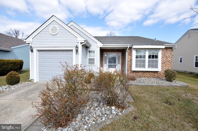 ranch-style house featuring driveway, brick siding, roof with shingles, an attached garage, and a front yard