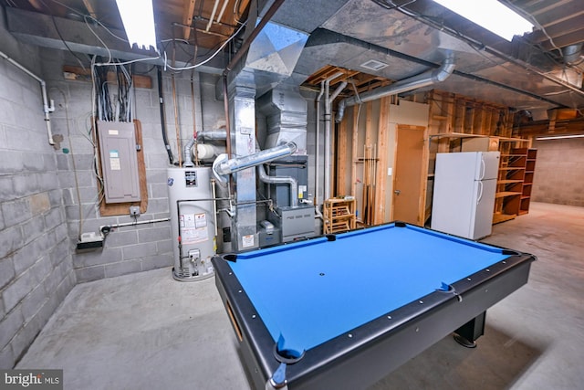 622 Hastings Rd, Baltimore, MD 21286 - game room with gas water heater, concrete flooring, electric panel, billiards, and heating unit