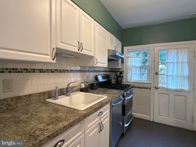 kitchen featuring white cabinets, under cabinet range hood, stainless steel appliances, and a sink