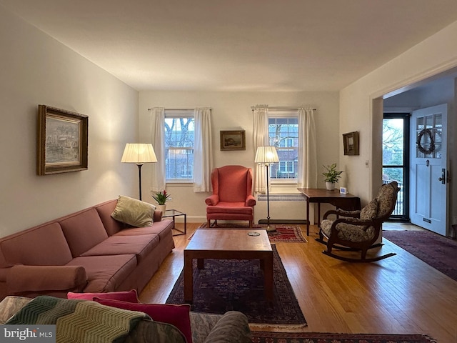 living area featuring baseboards, a healthy amount of sunlight, radiator heating unit, and wood finished floors