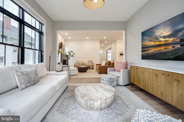 living room with wood finished floors and recessed lighting