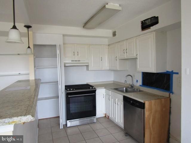 kitchen with dishwasher, black range with gas stovetop, light countertops, under cabinet range hood, and a sink