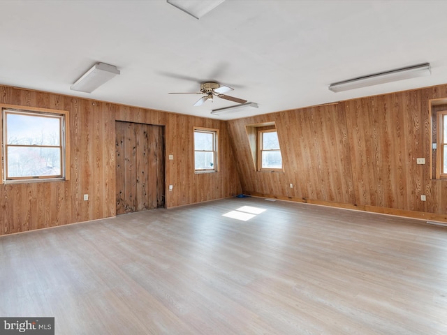 empty room featuring wooden walls, ceiling fan, and wood finished floors