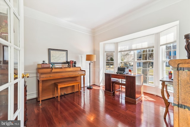 home office featuring crown molding, plenty of natural light, and wainscoting