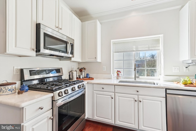 kitchen featuring white cabinets, stainless steel appliances, and a sink