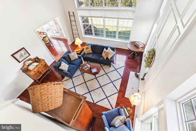 living area featuring a wealth of natural light, a towering ceiling, and wood finished floors