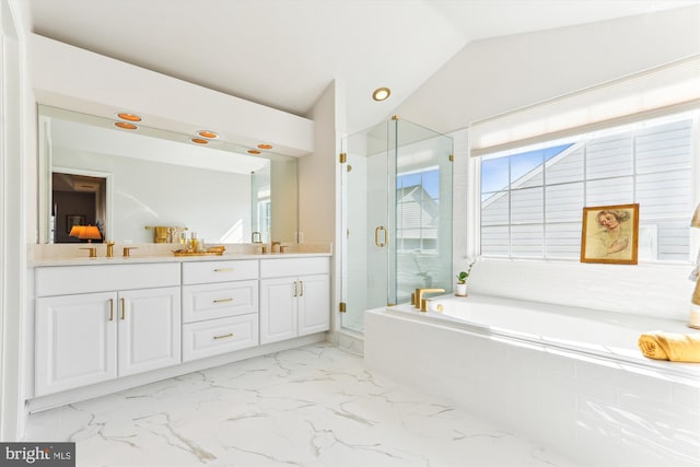 full bath featuring marble finish floor, a shower stall, double vanity, lofted ceiling, and a bath