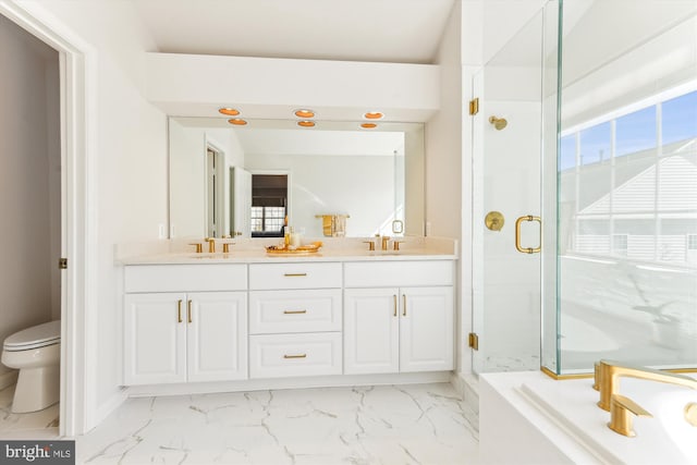 full bathroom with toilet, marble finish floor, a sink, a shower stall, and a bath