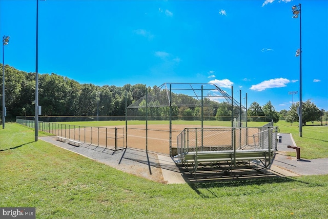 view of community featuring a lawn and fence