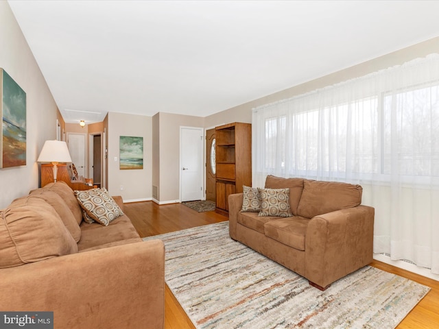 living area featuring baseboards and wood finished floors