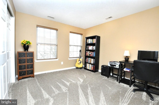 office with carpet floors, visible vents, and baseboards