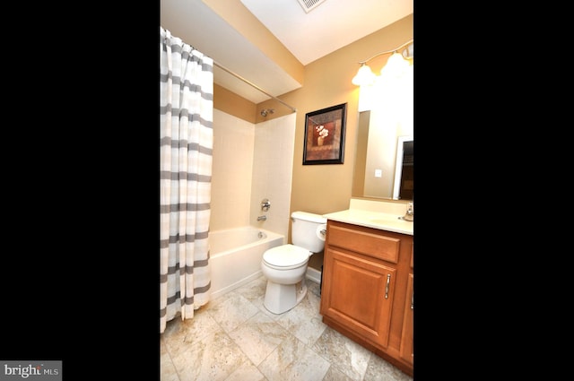 bathroom with visible vents, shower / bath combination with curtain, vanity, and toilet